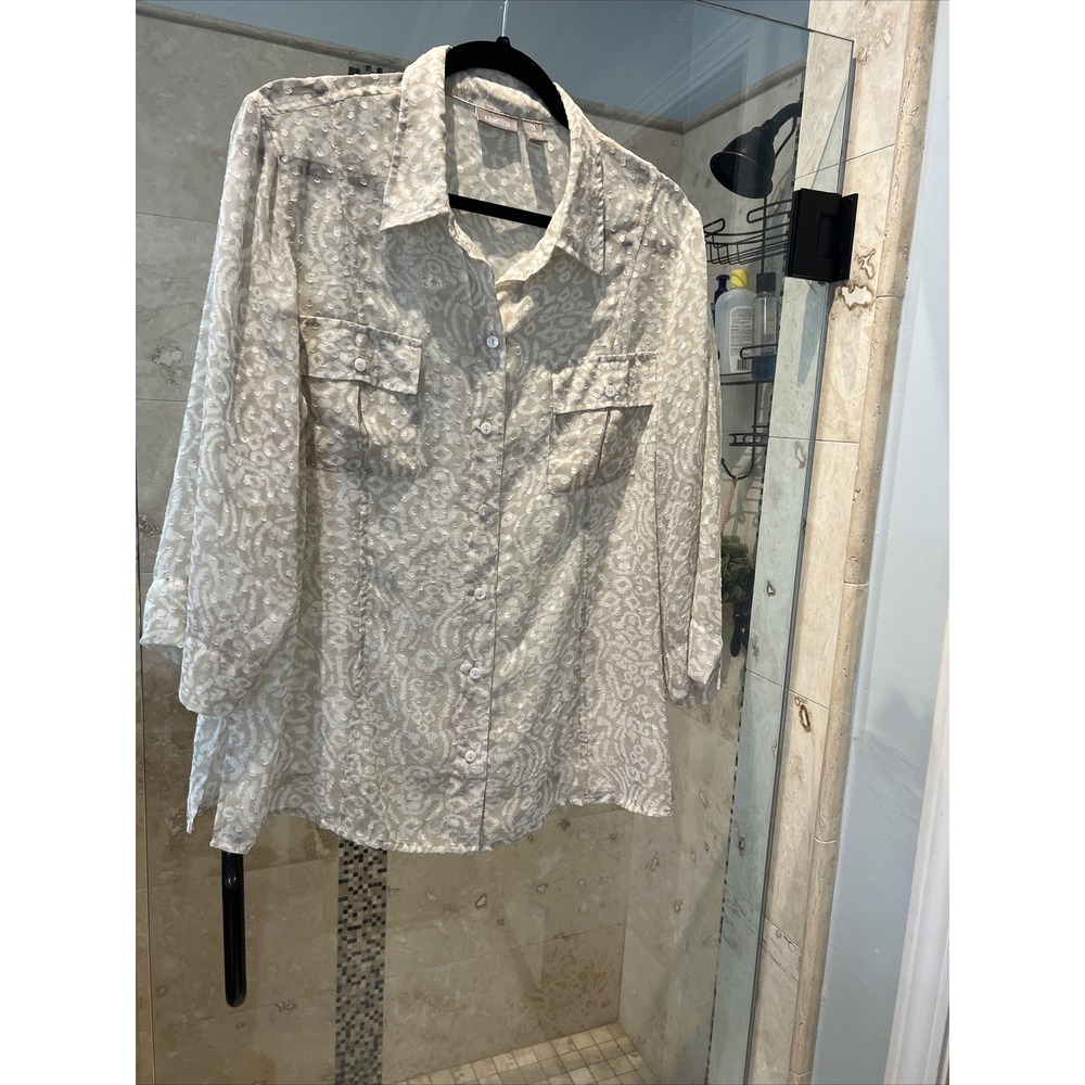 Chicos Velvet Burnout Shirt Paisley Blouse Tan White Womens 3 (XL-16)